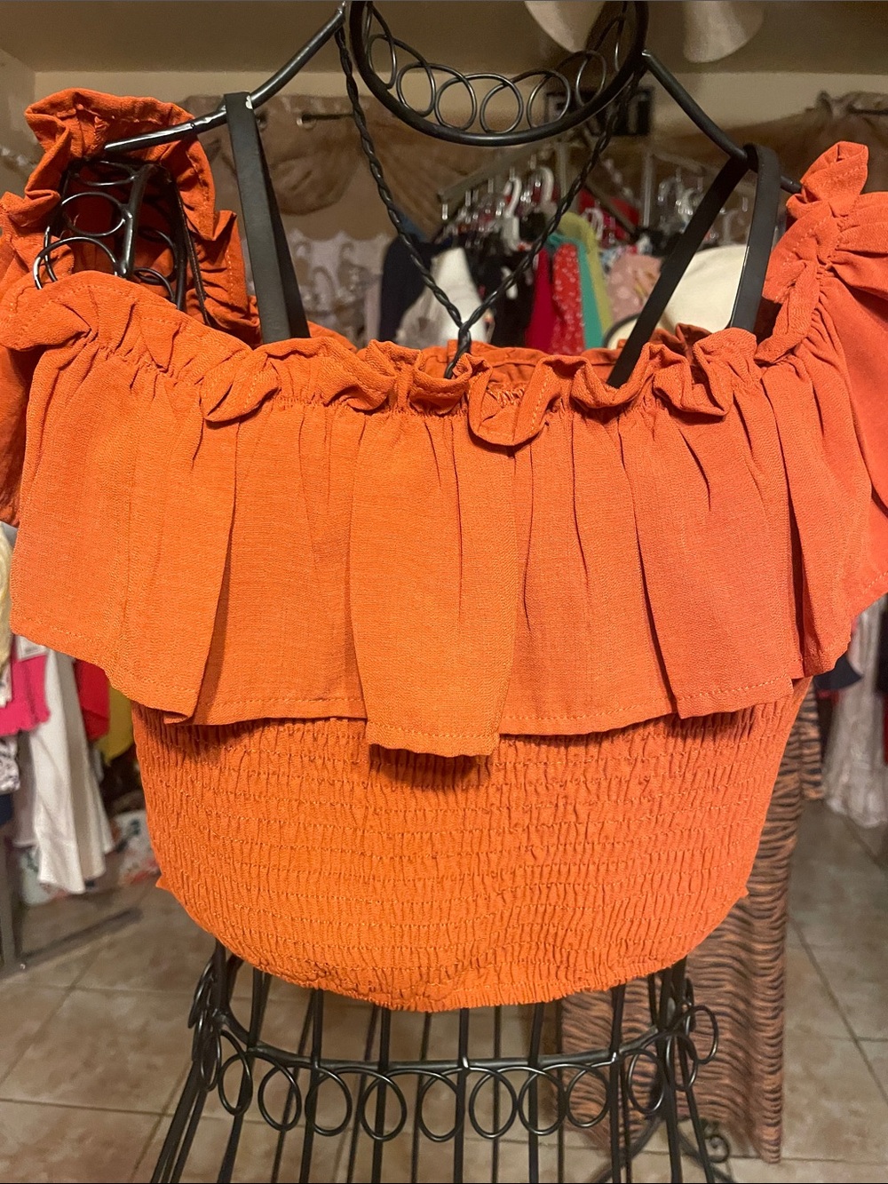 Women’s Off-Shoulder Ruffle Button-Front Top — rust - Picture 2 of 2